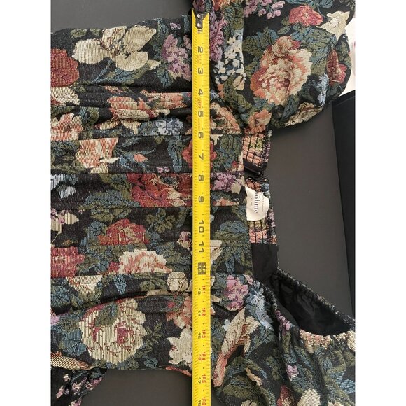 BOHME LaRuth Floral Brocade Short Puff Sleeves Pockets Smocked Mini Dress Size L - Picture 15 of 16